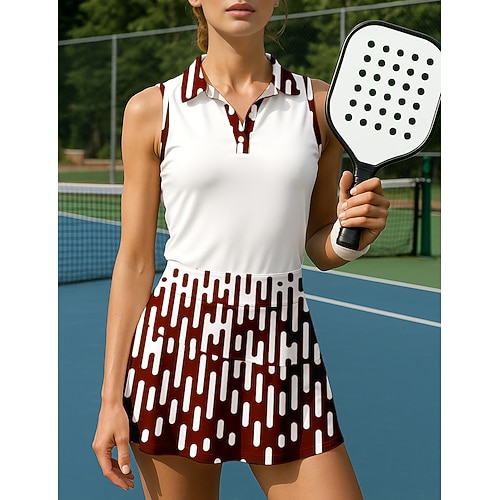 Damen Geometrisch Sport-Set Tennis-Set Tennisröcke Tennis Shirt 2 Stück Ärmellos Patchwork Druck Atmungsaktiv Tennis Golfspiel Badminton Umlegekragen Rock Schwarz Wein Marinenblau Tennisbekleidung Image