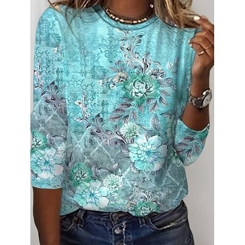 Damen T Shirt Druck Grafik Leopard Geometrisch Vintage Mode Stilvoll Langarm Rundhalsausschnitt Normale Oberteile Täglich Blau Gelb Hellgrün Rosa Marineblau Sommer Frühling Herbst Image