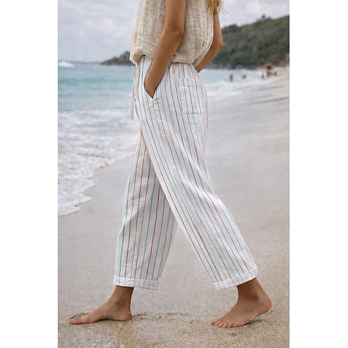 Damen Kunstbaumwollleinen Stoffhosen Sommerhose Streetwear Lässig Volle Länge Natürliche Taille Blumen Einfach Gestreift Tasche Drucken Elastisches Kordelzugdesign Bequem Außenbereich Alltagskleidung Image