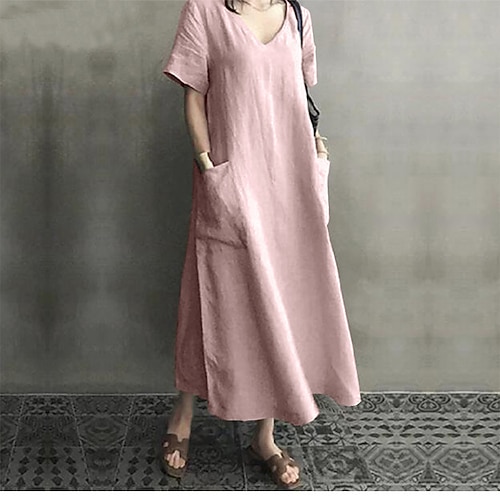 Frauen Leinenähnliche Faux Baumwoll Leinen Maxi Kleid Etuikleid Shift Kleid Sommer Kleid Urlaub Party Lässig Alltäglich Büro Party Lockerer Schnitt Unifarben Kurzarm V-Ausschnitt Schwarz Pink Image