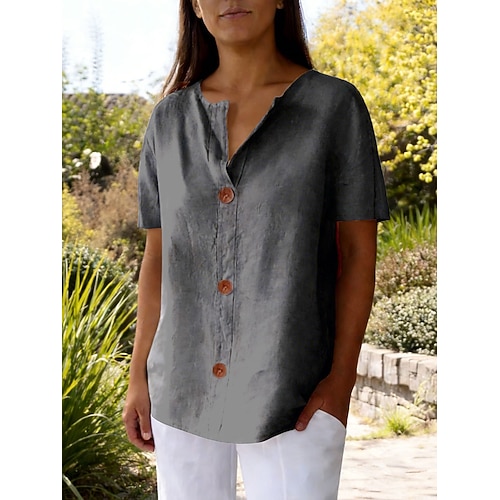 Damen Sommerhemd Freizeithemd Bluse Einfarbig Elegant Stilvoll Basic Kurzarm V Ausschnitt Normale Oberteile Täglich Outdoor Ferien Blau Gelb Rote Grau Sommer Frühling Herbst Image