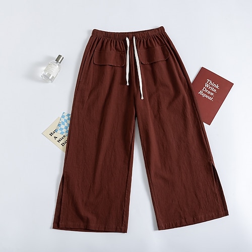 Damen Kunstbaumwollleinen Chinos Urlaub Mode Streetwear Wadenlang Hohe Taille Einfach Tasche Elastischer Bund Bequem Weich Mikroelastisch Outdoor Straße Blau Weiß Grün Khaki Sommer Frühling Herbst Image