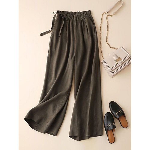 Damen Kunstbaumwollleinen Weites Bein Chinos Urlaub Mode Basic Volle Länge Hohe Taille Einfach Elastischer Bund Bequem Weich Dehnbar Outdoor Straße Armee-Grün Weiß Grün Khaki Sommer Frühling Herbst Image