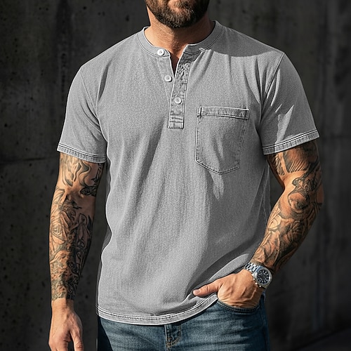 Herren Henley Hemd Hemd aus 100 % Baumwolle in Säurewaschung T-Shirt Kurzarm Einheitliche Farbe Retro Vintage Lässig Vintage-Stil Gewaschen Henley Lässig Sommer Frühling Herbst Schwarz Hellgrün Rosa Image