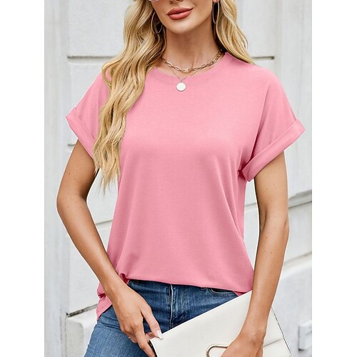 Damen T Shirt T-Shirt Einfarbig Mode Stilvoll Basic Kurzarm Rundhalsausschnitt Normale Oberteile Täglich Ausgehen Wochenende Schwarz Rosa Wein Purpur Grün Sommer Frühling Image