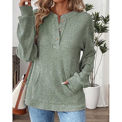 Damen Rippstricktops T Shirt Knopf vorne Kängurutasche Einfarbig Stilvoll Lässig Langarm Henley Lange Oberteile Täglich Ausgehen Schwarz Hellgrün Violett Khaki Grau Frühling Herbst Winter Image
