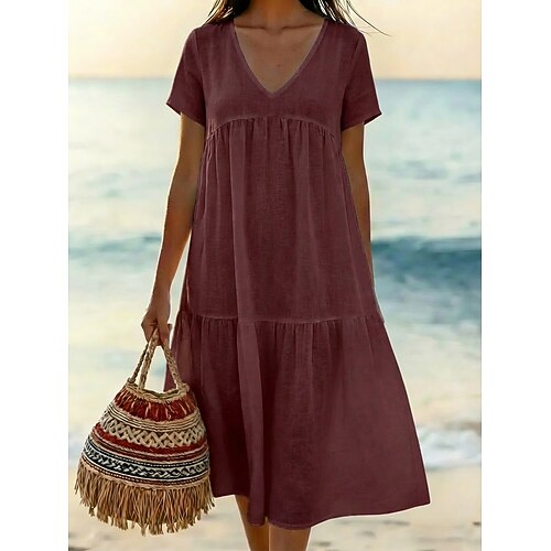 Damen Midikleid Shiftkleid Weißes Kleid Baumwoll-Leinen-Kleider Leinenkleid Lässig Täglich Urlaub Lässiger Schnitt Einfach Kurzarm V Ausschnitt Blau Schwarz Weiß Rosa Sommer Frühling Image
