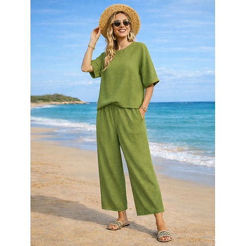 Frauen baumwolle leinen sets zwei stück sets reine farbe heißer casual komfort hause täglichen frühling Image