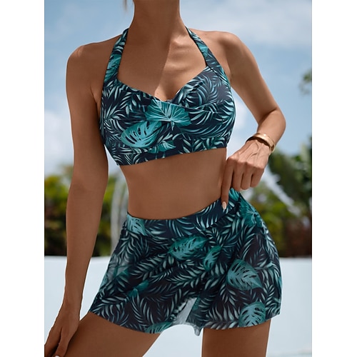 Damen Badeanzug Bikini Zweiteilig Rock Bademode Schlank Rückenfrei Urlaub Strandbekleidung Tropisch Neckholder Ärmellos Badeanzüge Image