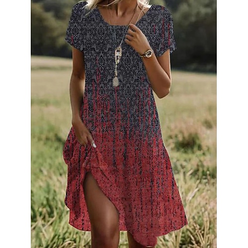 Damen Midi Kleid A-Linie Kleid T-Shirt Kleid Tee Kleid Athletic Kleid Lässig Urlaub Alltag Reguläre Passform Grafik Kurze Ärmel Rundhals Dunkelrot Pink Rot Bordeaux Sommer Image