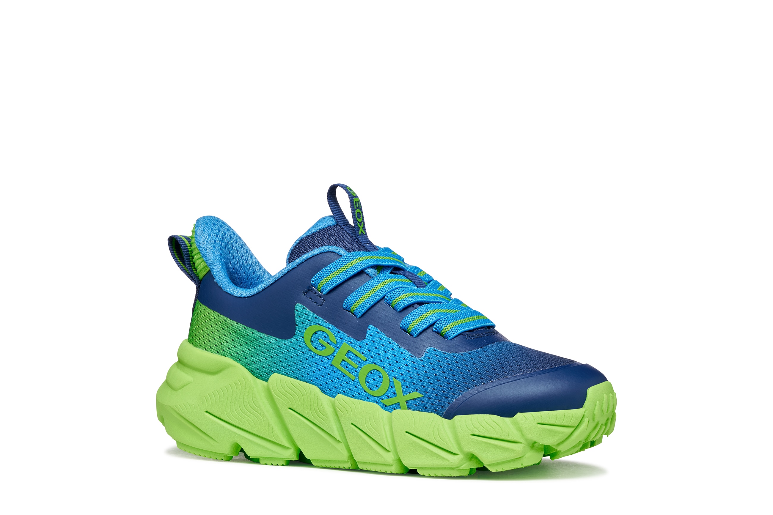 Sneaker GEOX "J FLEXYPER FAST BOY", Damen, Gr. 34, hellblau, lime, Lederimitat, Textil, Mesh, kontrastfarbene Details, Schuhe Sneaker, Slipper mit auffälliger Laufsohle, Größenschablone zum Download