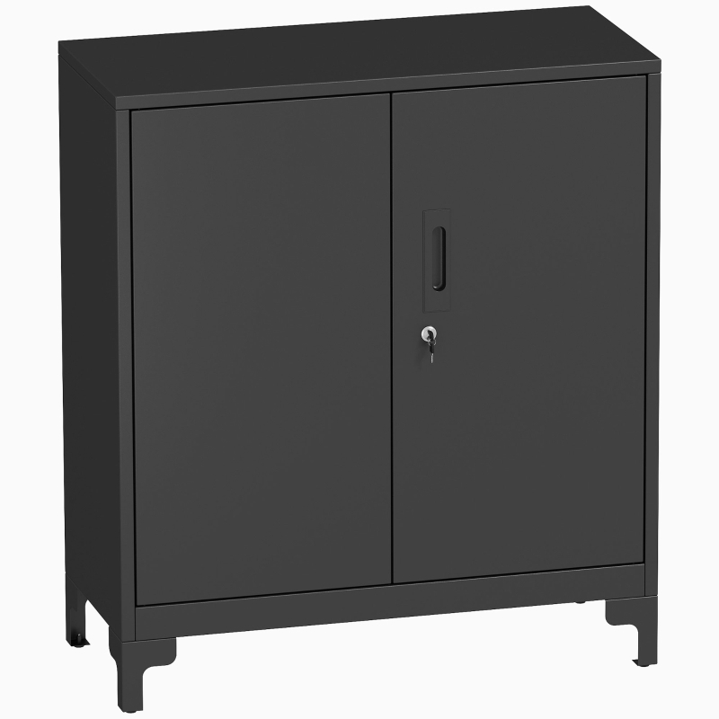 STILVORA Metallschrank Aktenschrank mit abschließbaren Doppeltüren Schwarz 91x80x35 cm zweistufige Ablage mit Anti Kipp Gurten für Büro Home Office Image