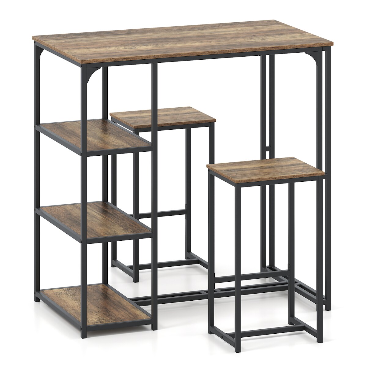 COSTWAY Bartisch mit Barhocker-Set, für 2 Personen Bartisch-Set mit 3 Staufächern, Vintage-Küchentheke Image