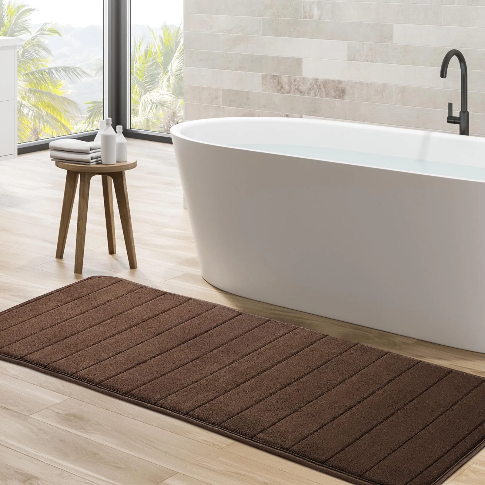 Tapis de salle de bain rectangulaire absorbant 40*120cm, tapis de salle de bain long rayé absorbant en mousse à mémoire de forme marron, tapis de bain antidérapant