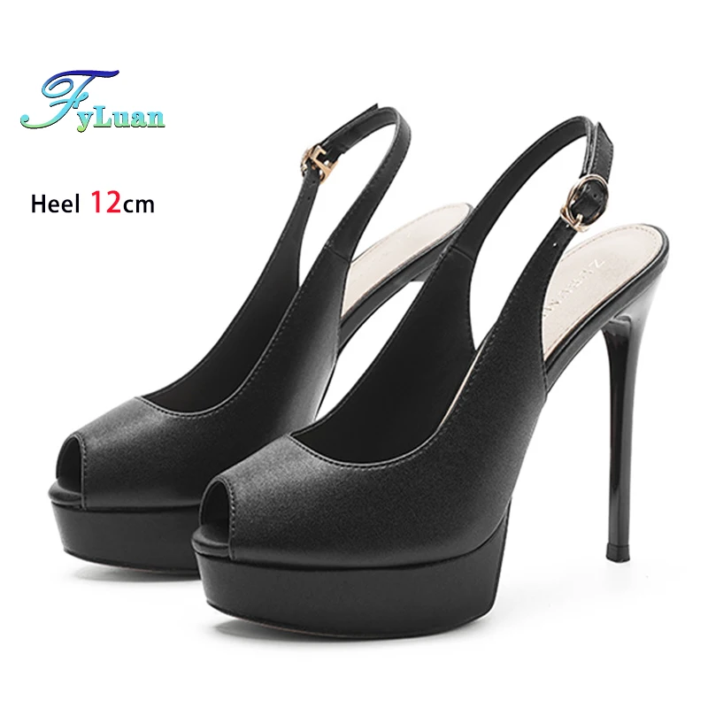 Sexy Peep Toe Plattform Sandalen Frau 12CM Dünne High Heels Sommer Slingback Slip auf Vielseitige Frauen Schuhe Schwarz pumpen Für Party