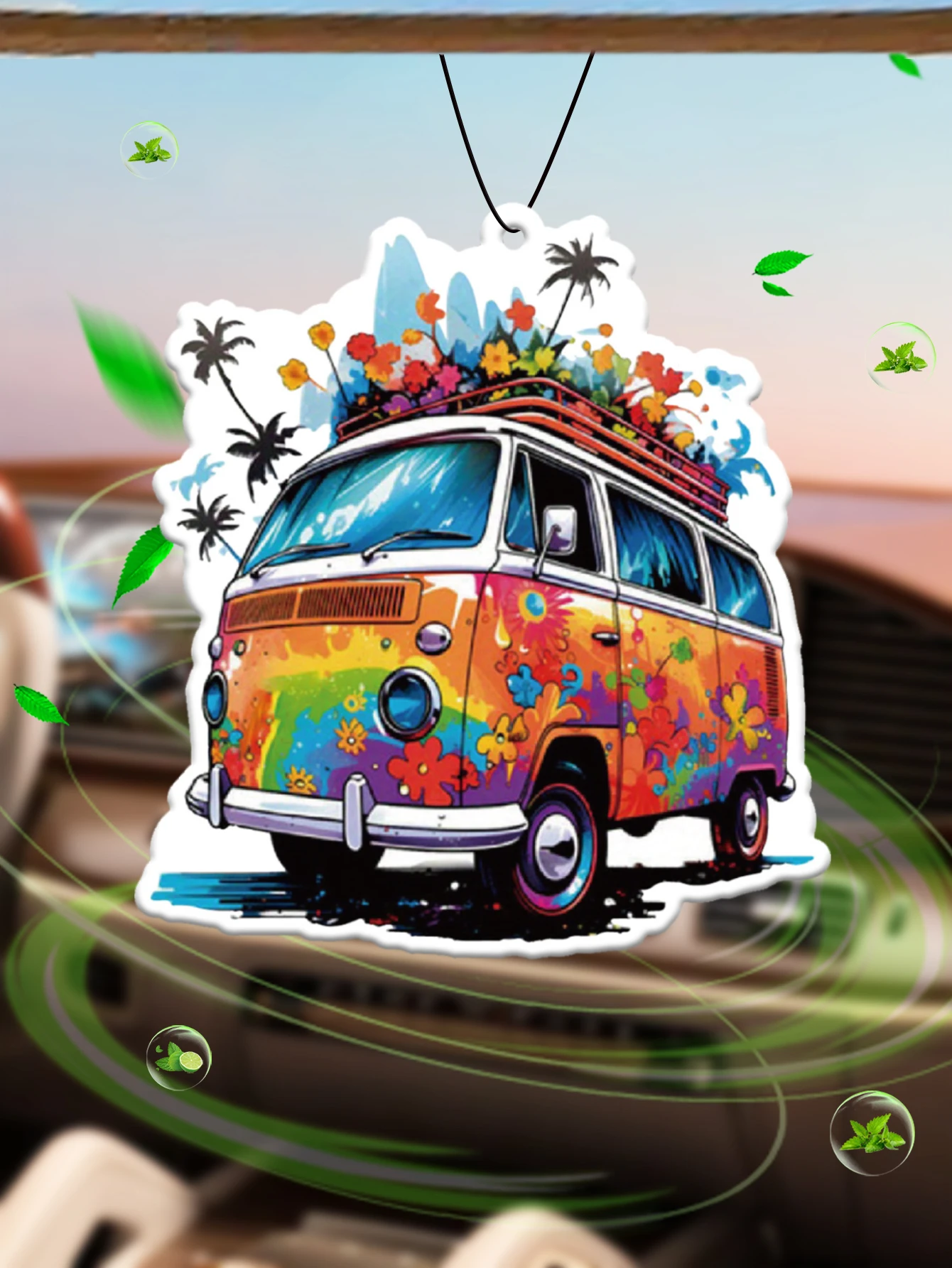 Vintage-Surf-Auto mit Surfbrett bei Sonnenuntergang am Strand mit Palmen, Intercontinental Hotel (Hotelduft) Neutraler Auto-Duft und Ungiftiger Lufterfrischer | Natürliche Ätherische Öle und Image