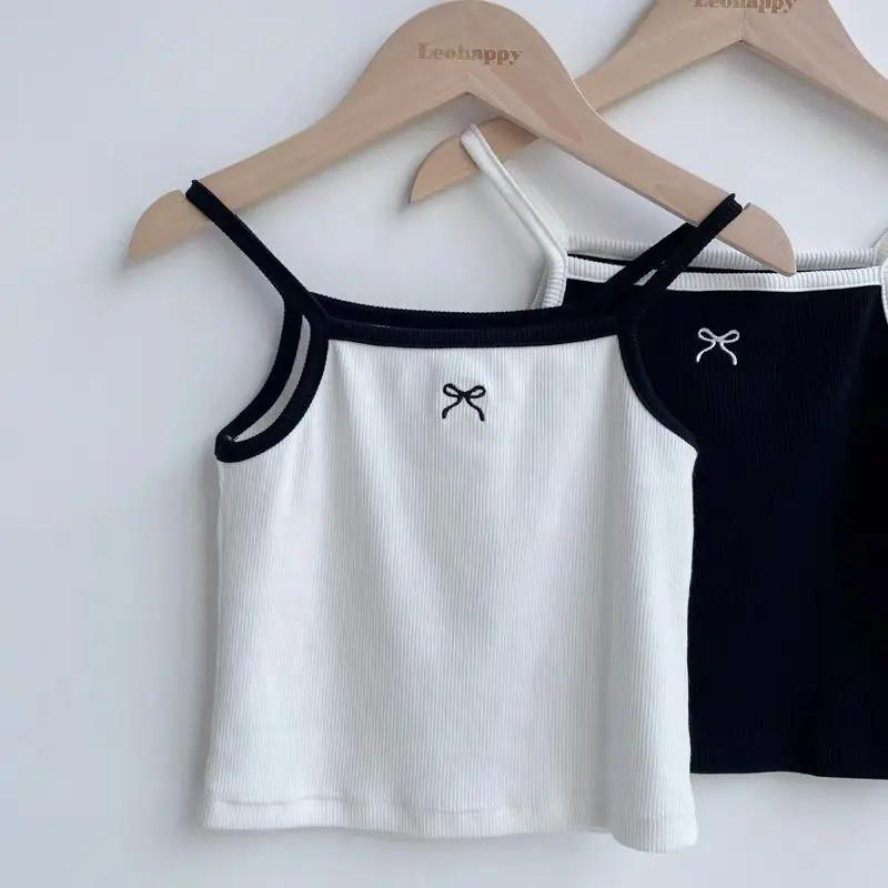 UNITIM 2-8Y Baby Mädchen Halter Tees Kinder Mädchen Sommer Koreanische Dünne Singlet Stickerei Bogen Gestrickte Kinder Mädchen Basis Shirts Image