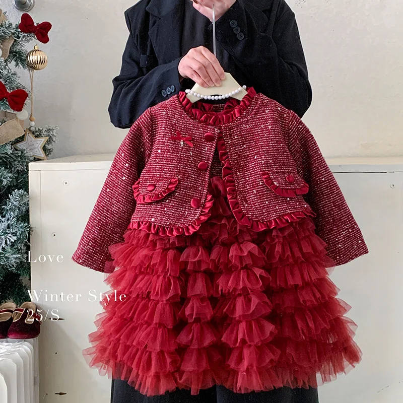 Koreanisches Mädchenkleid-Set für Herbst und Winter, Samtjacke, ärmelloses und samtiges Netzkleid, zweiteiliges Set Image