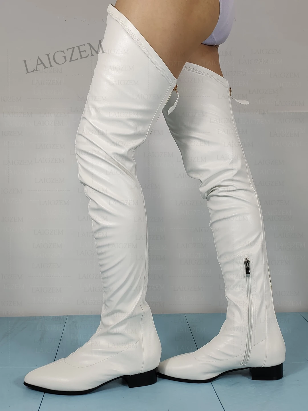 ZHIMA Damenstiefel über dem Knie, spitzer Zehenbereich, seitlicher Reißverschluss hinten, niedrige Absätze, hohe Stiefel, handgefertigte Damenschuhe, große Größe 39, 43, 45, 47