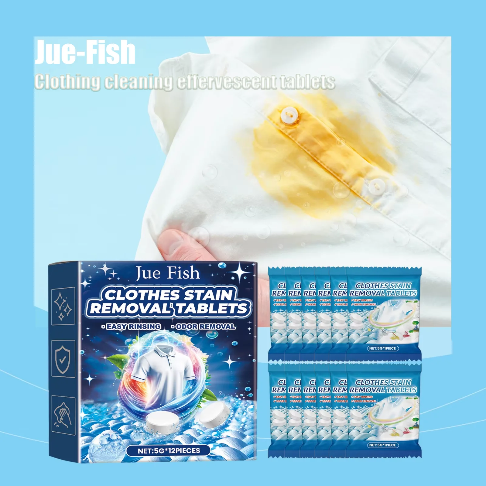 Jue Fish Kleidungsreinigungs-Brausetabletten – Fleckenentfernung für gelbe Ölflecken – hartnäckiger Fleckenreiniger für Wäsche Image