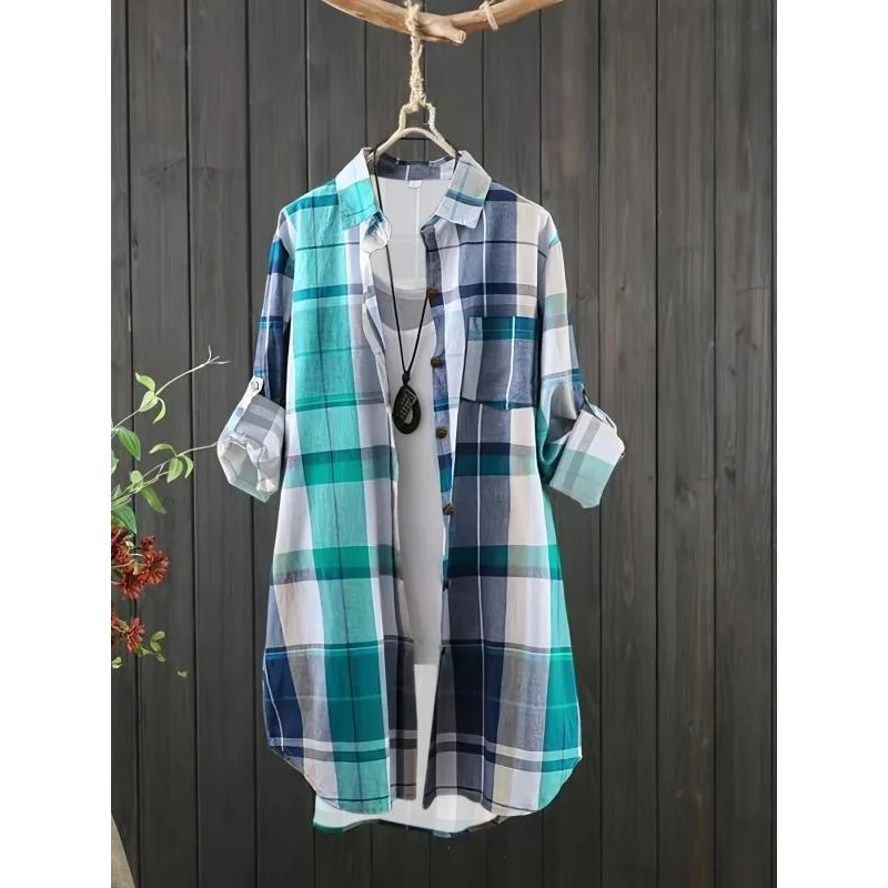 Plus Größe 1XL-5XL frauen Mittlere Länge Plaid Print Frauen Herbst Shirts Casual Weibliche Mode Langarm einreiher blusen ﻿ Image