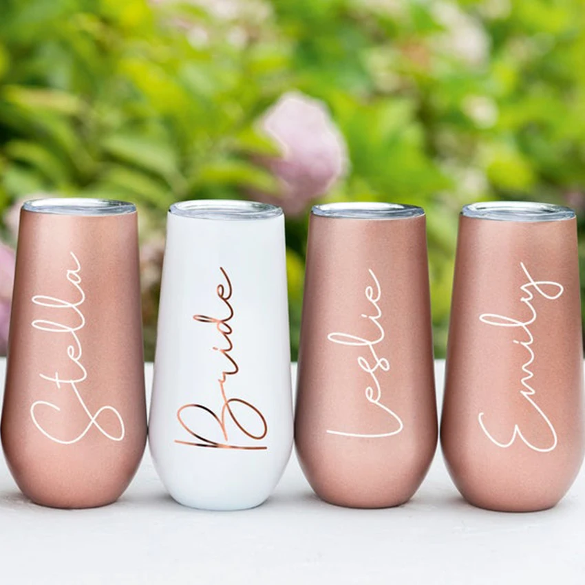 6 unzen Personalisierte Flöte Trinkgläser Benutzerdefinierte Edelstahl Tumbler Champagner Bachelorette Party Wein Tasse Brautjungfer Vorschlag Braut Gefälligkeiten Image