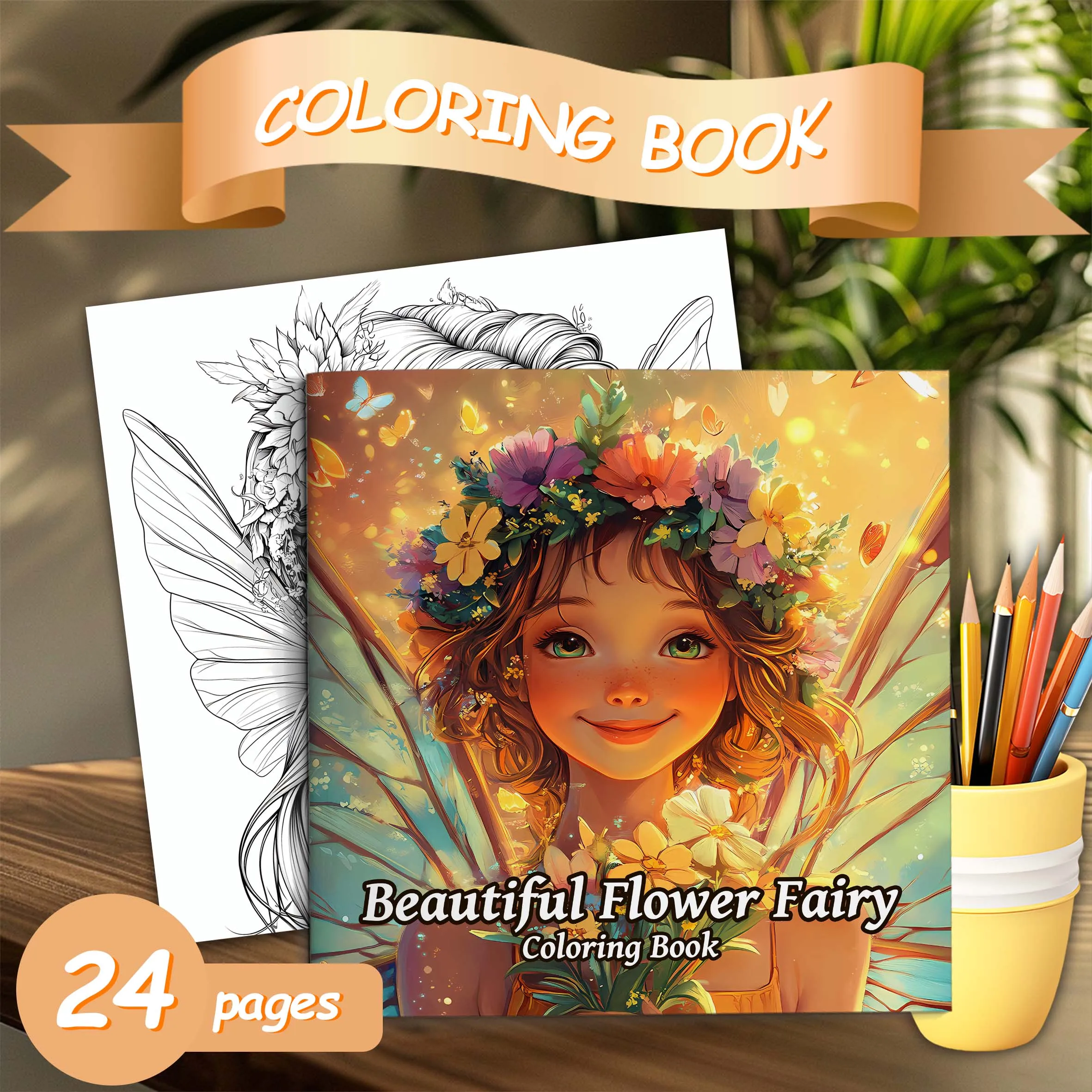 Wunderschönes Blumen-Feen-Malbuch, 24-seitiges Bilderbuch für Erwachsene, Geschenk zum Stressabbau, Zeit totschlagen, Graffiti-Malerei, Zeichnung, Kunst Image