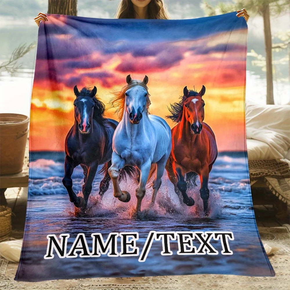 1-teilige anpassbare Decke aus Polyester mit Pferdedruck, personalisierter Name und Text, geeignet für die Reise ins Schlafsofa
