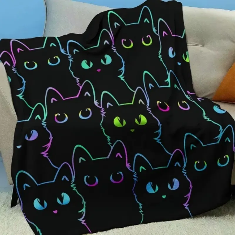 VIKAMA Cartoon-Flanelldecke mit schwarzer Katze, geeignet für Büro-, Heimdekoration, Betten, Sofas, Autos und Nickerchendecken Image