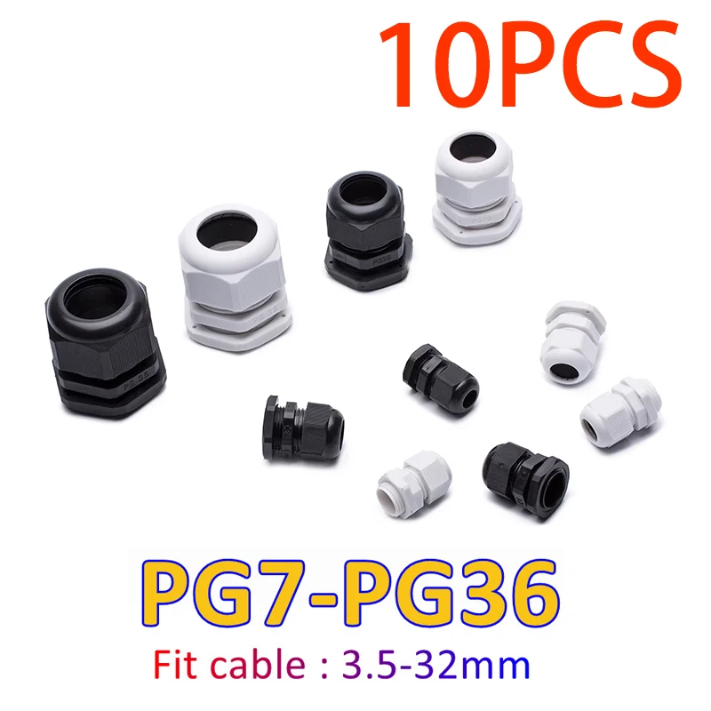 10 Stück wasserdichte Kabelverschraubung Kabeleinführung IP68 PG7 für 3–6,5 mm PG9 PG11 PG13,5 PG16 PG19/21 Weiß Schwarz Nylon Kunststoff Stecker Image