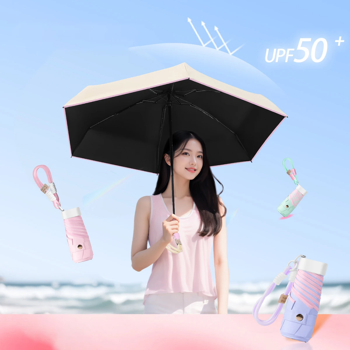 Dopamin-Farbiger Tragbarer Sonnenschirm für Frauen UV-Schutz mit Haken Kleiner Kompakter Sonnenschirm Image