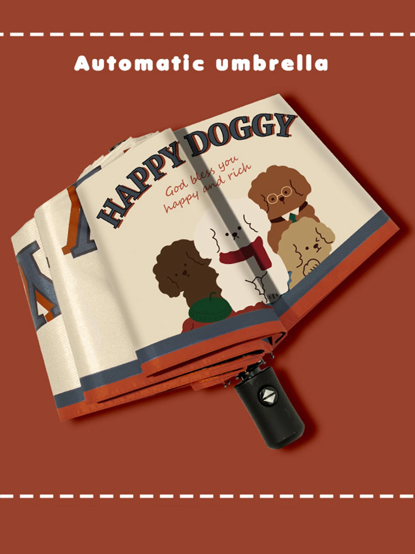 Vollautomatischer Regenschirm mit niedlichem Hundemuster, Sonne, Regen und UV-Schutz, faltbarer Regenschirm, Reiseschirm, 1 Stück Image