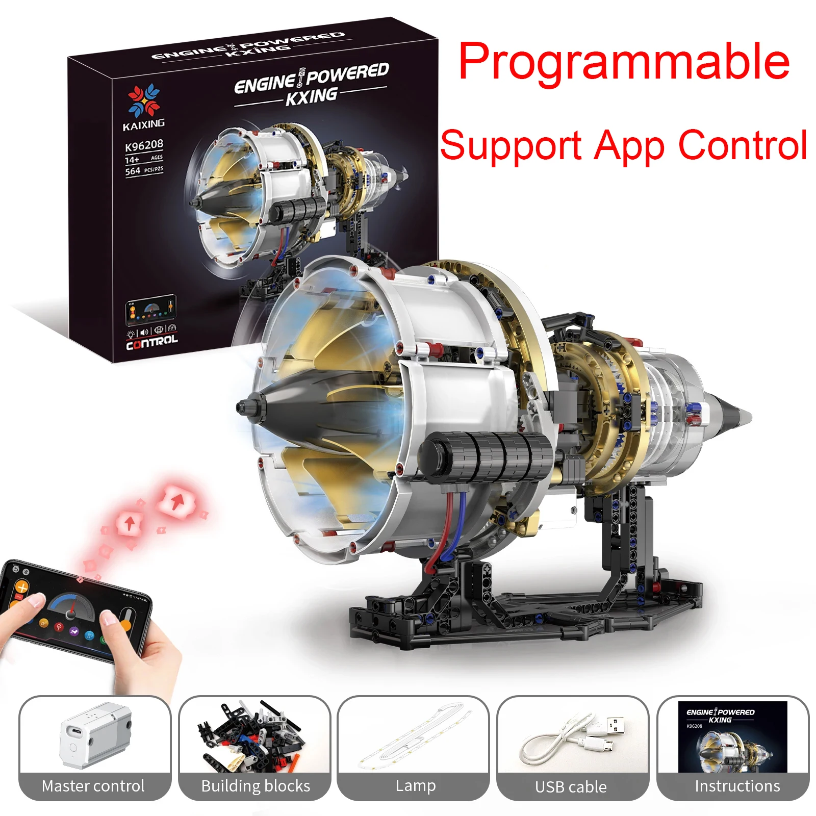 564PCS Programmierbare Luftfahrt Turbofan Motor Bausteine Simulation Motor Modell Licht APP Fernbedienung Power Motor Spielzeug Image