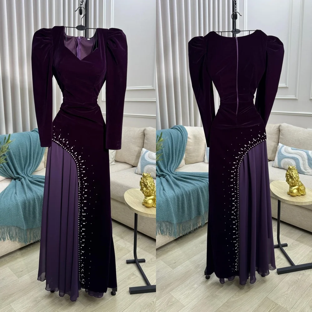 Customized Elegant Velour Pleat Sequined A-line V-neck Long Dresses Bespoke Occasion Celebrity Pastrol High Quality Sparkle