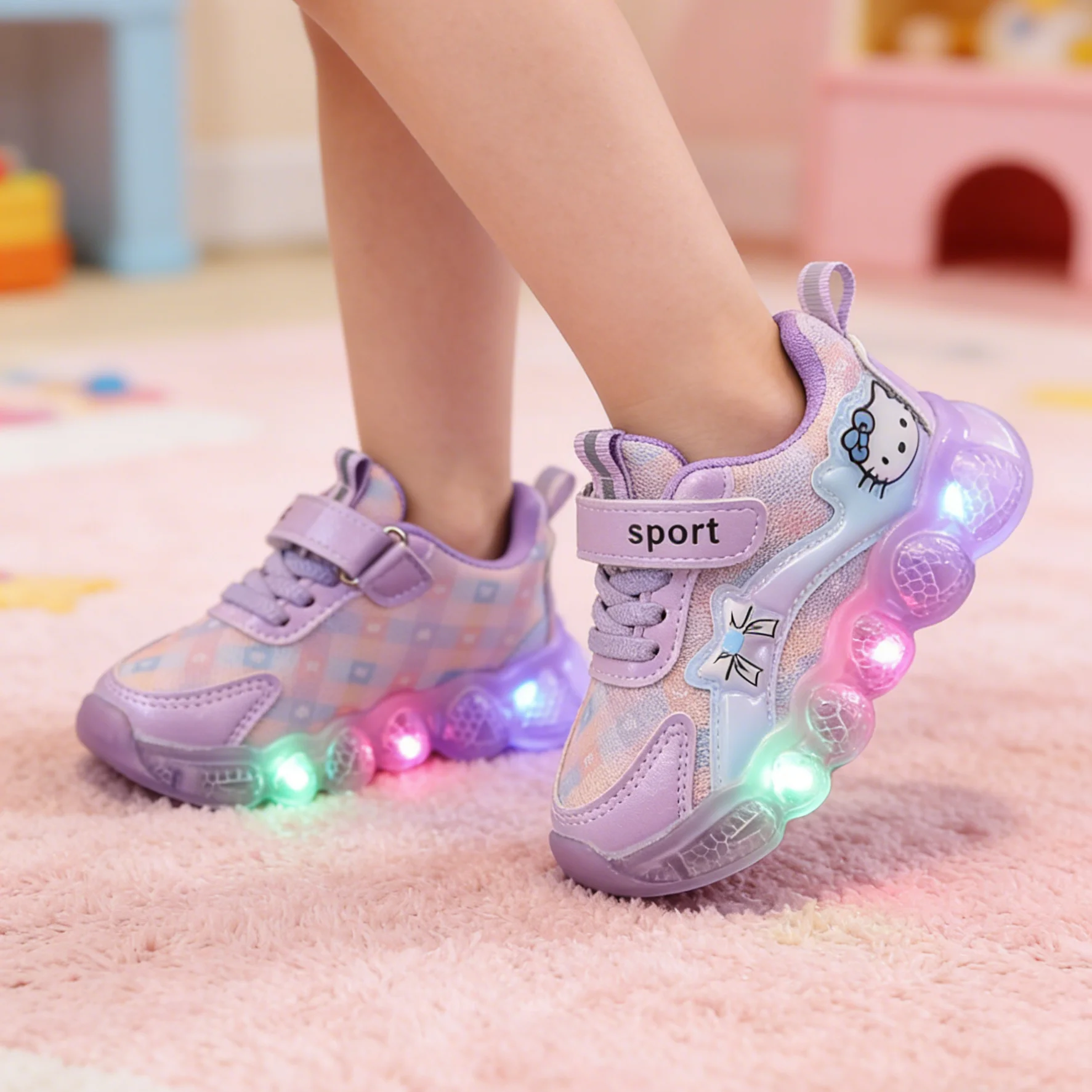 Freizeitschuhe für Kinder, LED-Licht-Sneaker, Cartoon-PU-Leder, für den Frühling, für den Außenbereich, atmungsaktiv, rutschfest, rosa, lila, Größe 21–30