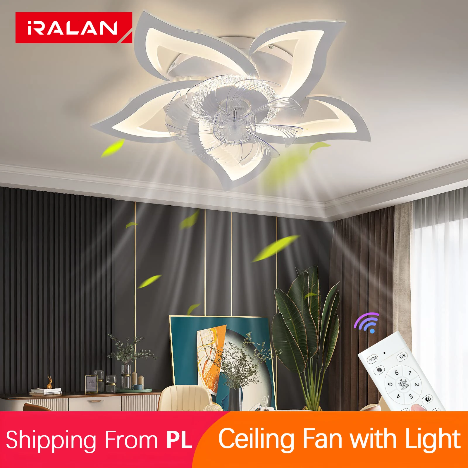IRALAN Deckenventilator mit Licht und Fernbedienung, dimmbar, leiser elektrischer Ventilator, geeignet für Zimmer, Schlafzimmer, Küche, LED-Deckenleuchte