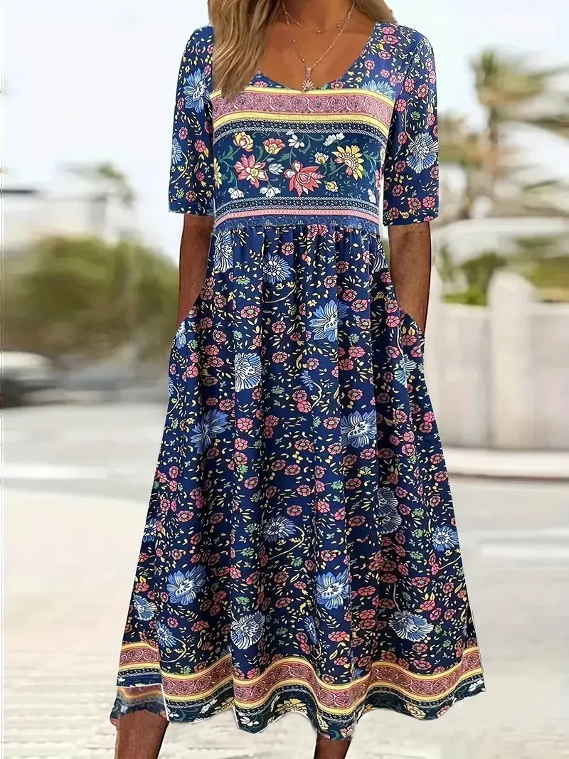 Plus Größe 1XL-5XL Damenmode Sommer Blumendruck Lebhaftes Schößchenkleid Damen Casual Kurzarm Elegantes Kleid mit Rundhalsausschnitt