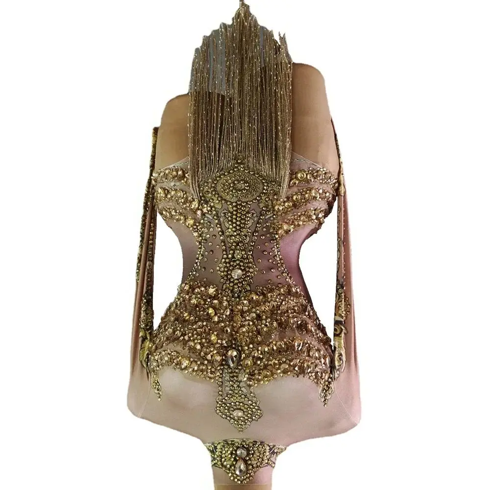 Gold Kristalle Party Trikot Frauen Strass Leistung Tanz Kostüm Bühne Tragen Club Outfit Sexy Quaste Body