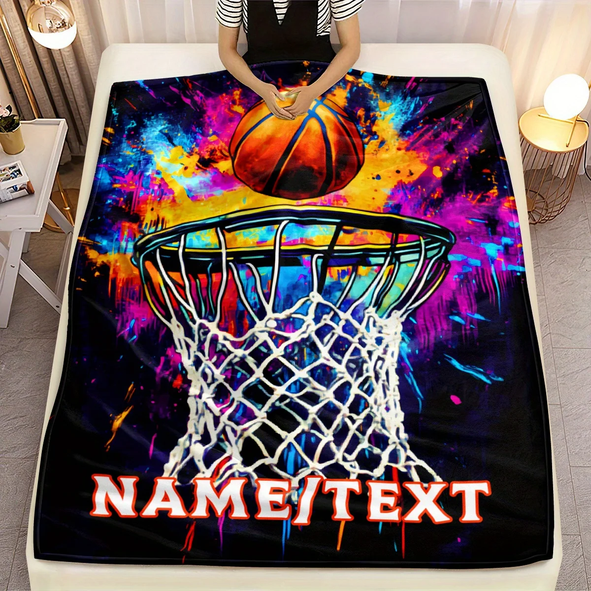 Personalisierte Namensdecke, leichte Fantasy-Basketball-Schießaktion, leichtes Flanell, weich und warm, Digitaldruck, Mixed Co Image