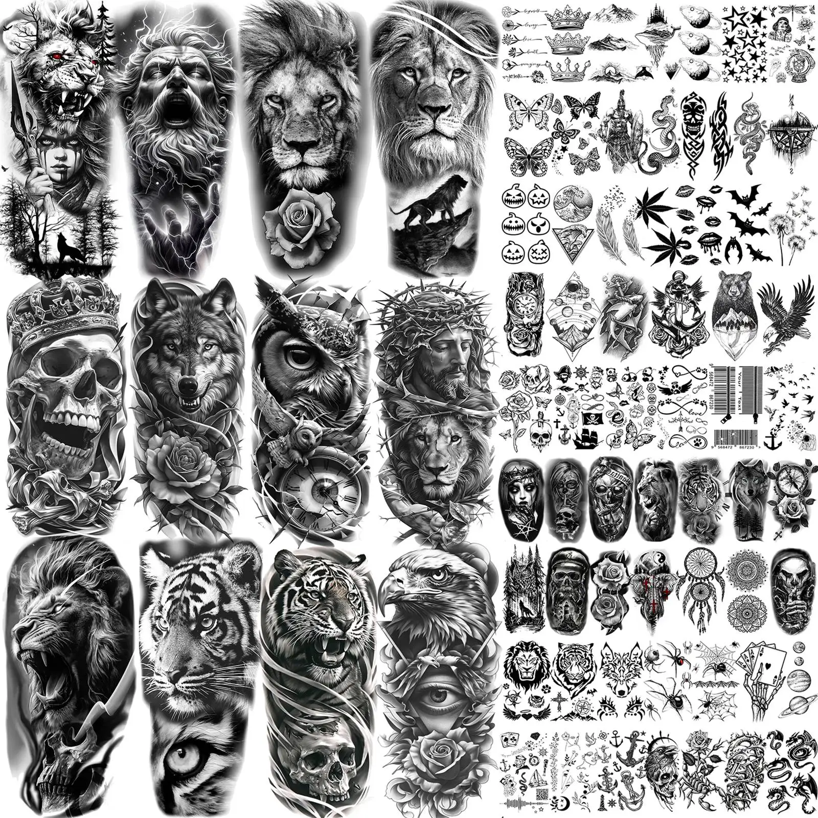 73-Blatt coole Löwe Zeus Wolf temporäre Tattoos für Männer Frauen Tiger Eule Tattoos wasserdicht realistische Jesus Fake Tattoo Aufkleber Image