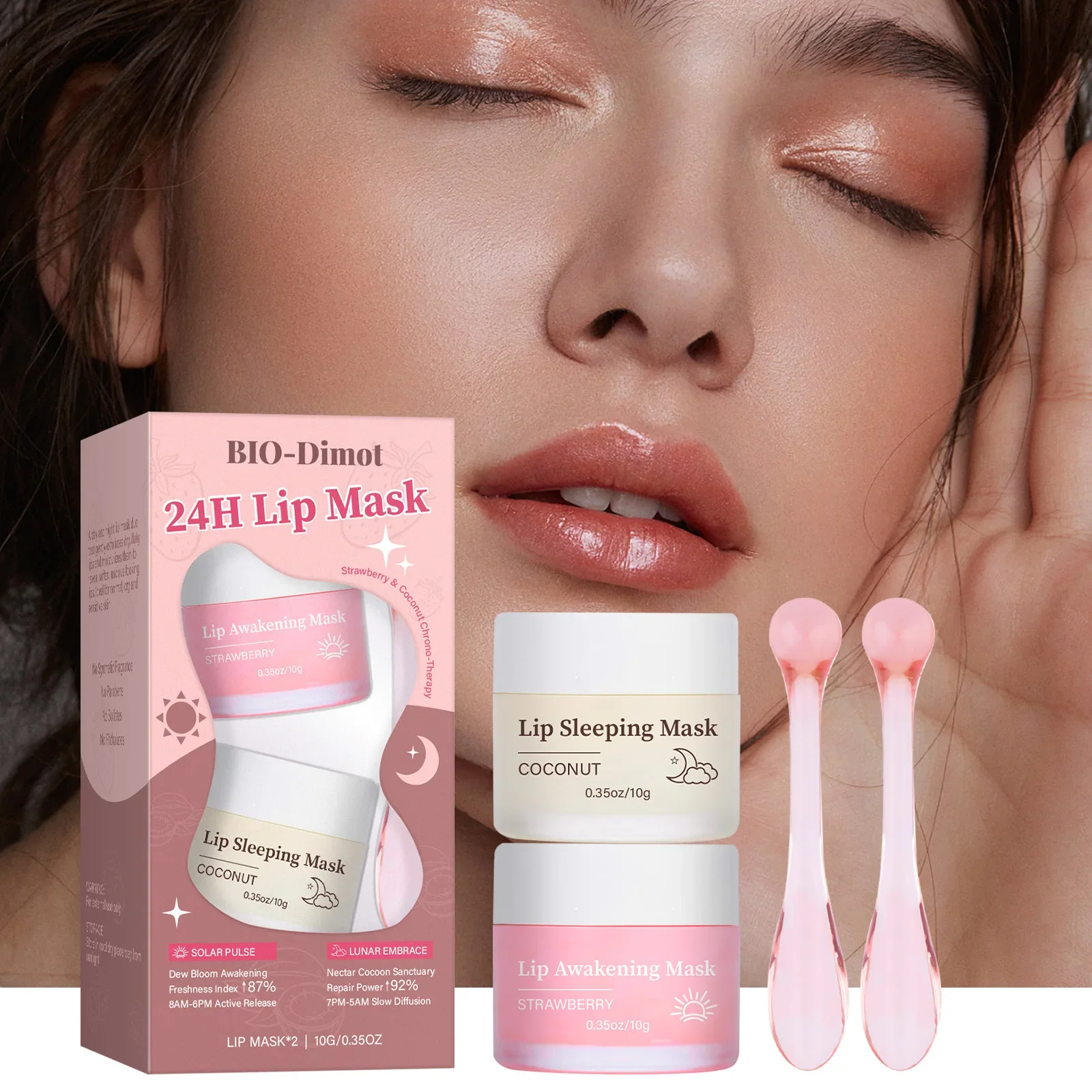 Feuchtigkeitsspendende Schlaflippenmaske, Tag- und Nacht-Lippenpflegebehandlung gegen Risse, nährendes Peeling, Lippenpflege, Erdbeere/Kokosnuss Image