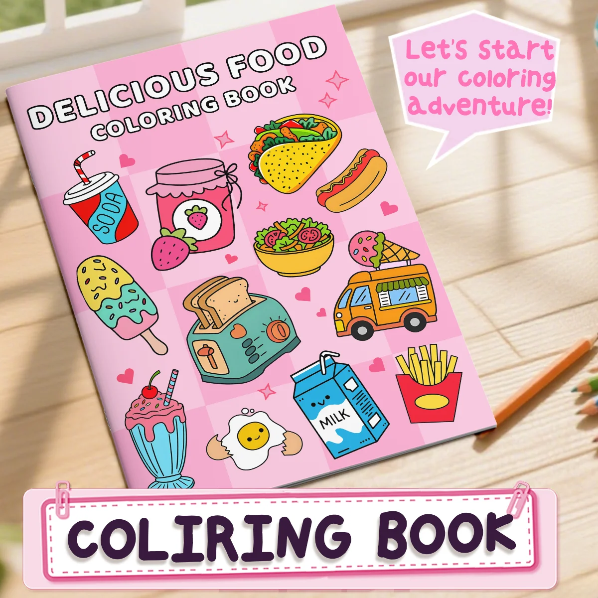 Das neue 12-seitige perlmuttverdickte Papier ist ein einfaches Malbuch für köstliche Lebensmittel, das sich in den Einsatz in Farben leitet Image