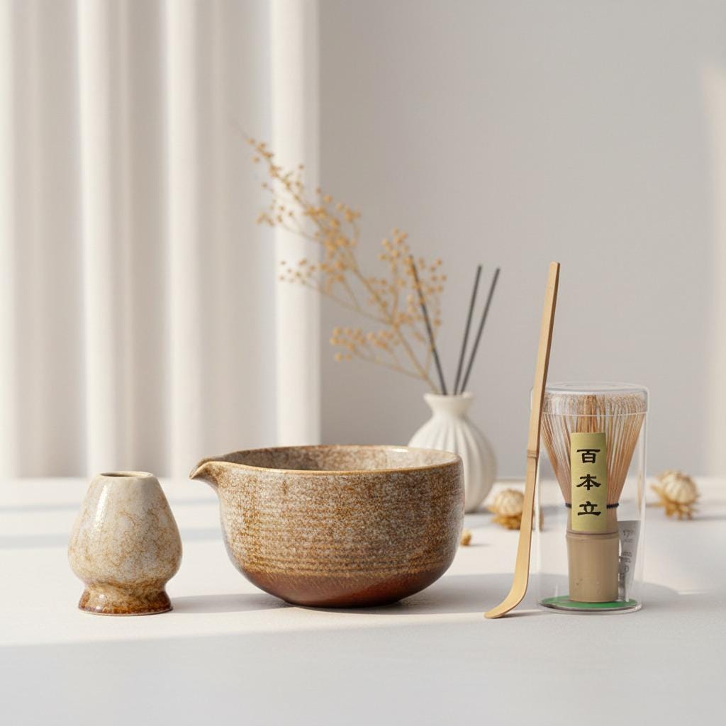 Set Matcha marrone fatto a mano, set per la cerimonia del tè, set di ciotole Matcha in ceramica fatte a mano, porta frusta Matcha, set da tè Matcha, k