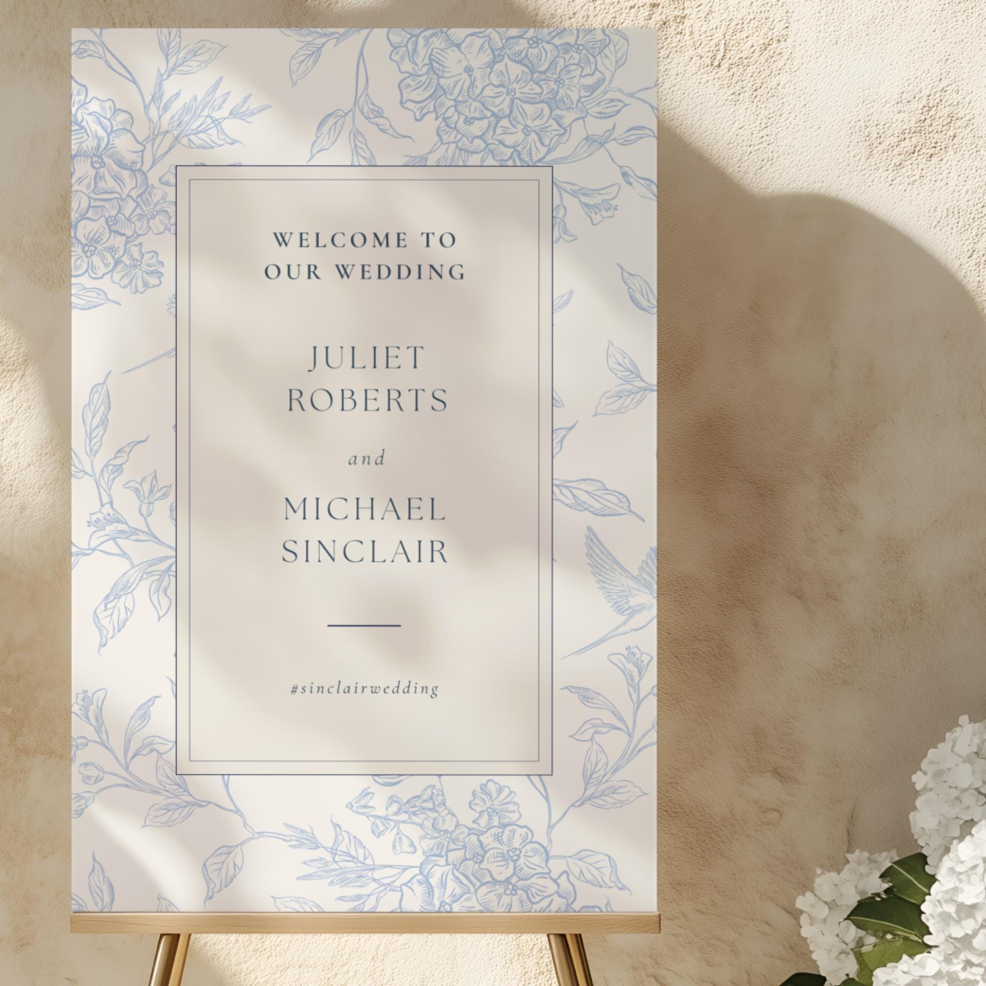Cartello di benvenuto per matrimonio modificabile, cartello per ricevimento, matrimonio con fiori blu, modello Canva (stampabile 18x24 24x36)