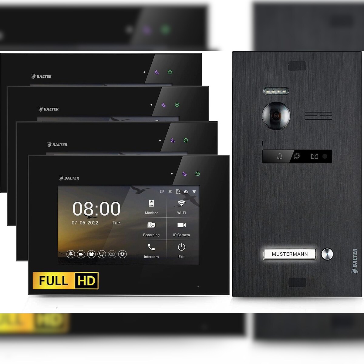 HD Video Türsprechanlage mit Smartphone App für 1 Familienhaus, 4x Monitor, Balter EVO HD WLAN Black Image