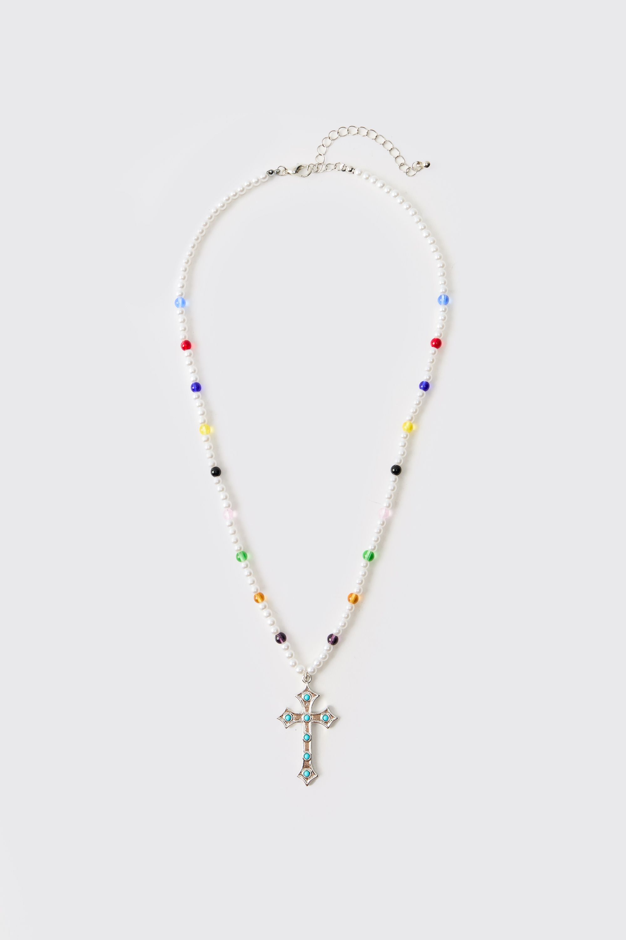 Boohooman Mens Gem and Cross Mock Pearl Necklace - White Zinc - One Size | Boohooman Sale | Discount Designer Brands