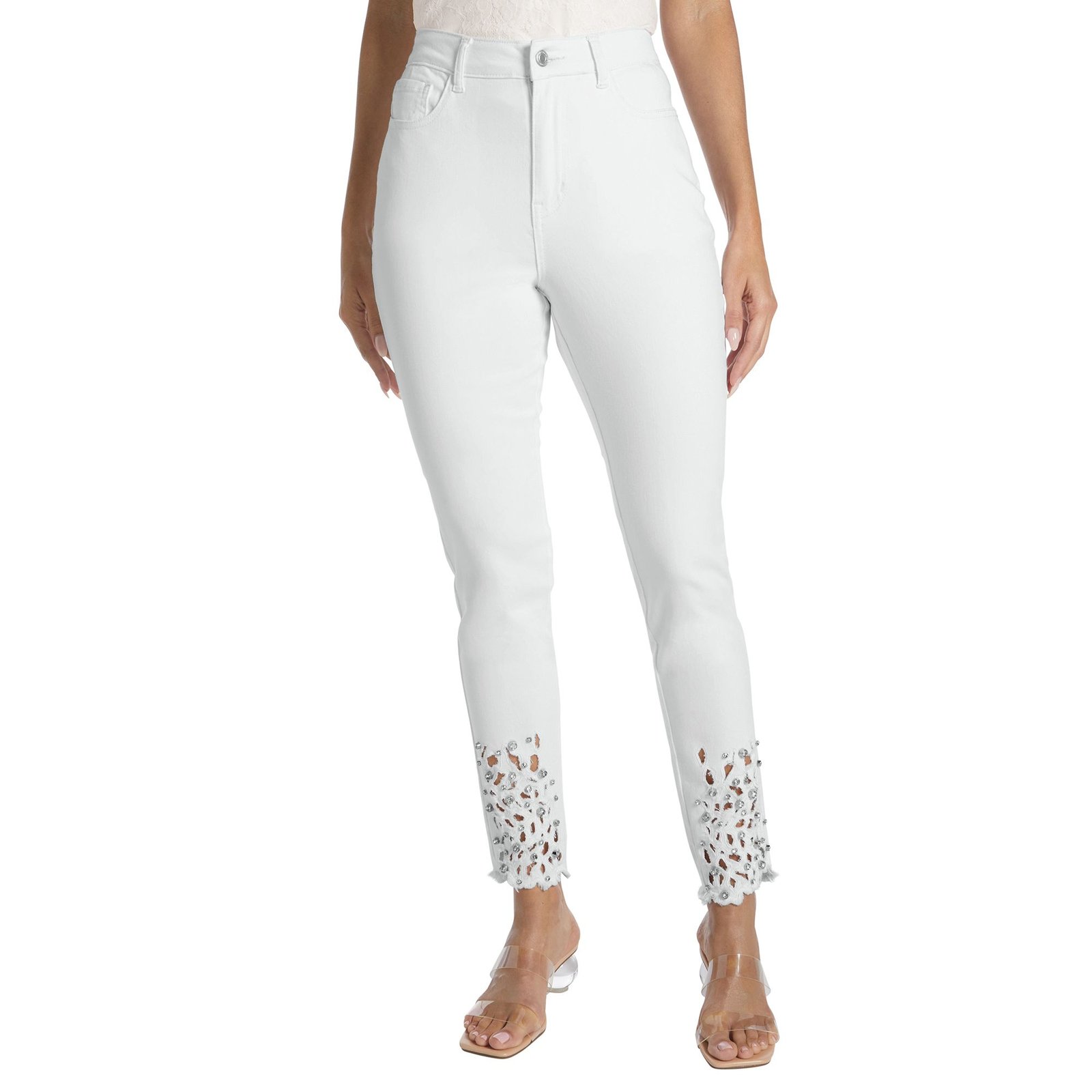 Masseys Cutout Rhinestone Skinny Jean (Size 26W) White, Cotton,Spandex