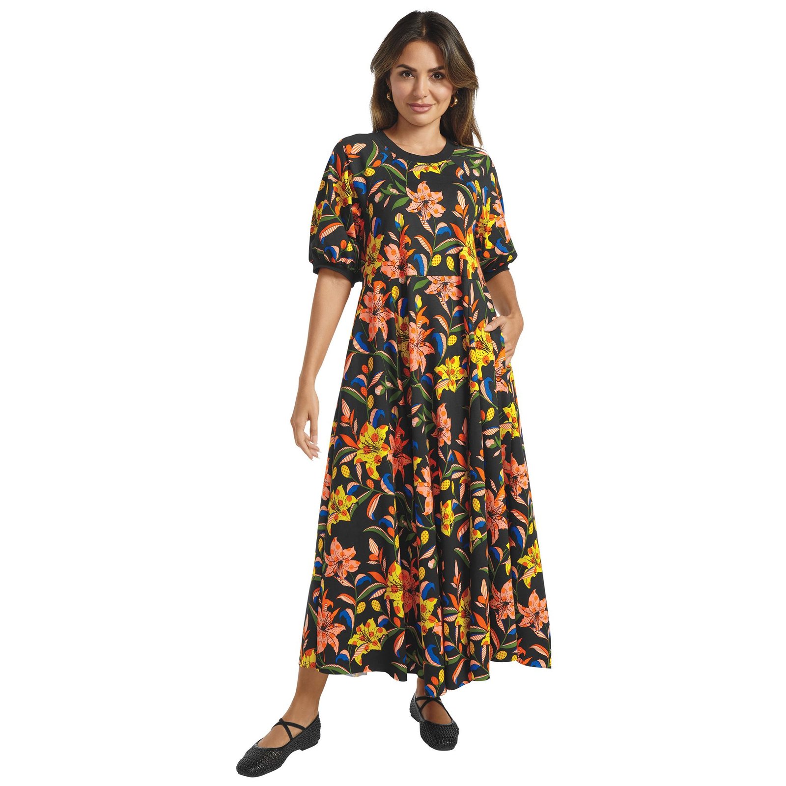 Masseys Daily T-Shirt Maxi Dress (Size 2X) Black/Multi Floral, Cotton