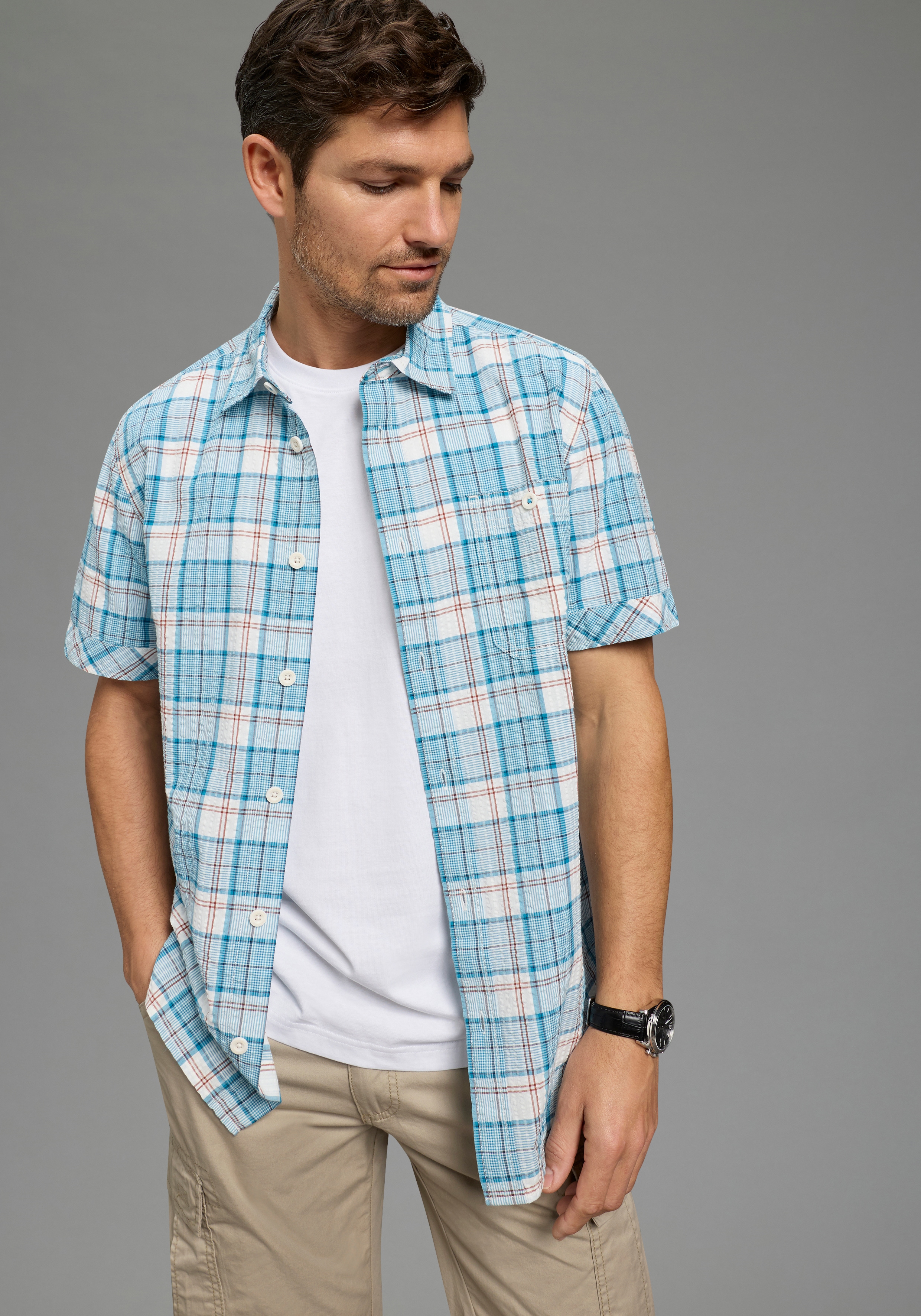 Karohemd MAN'S WORLD, Herren, Gr. M (39/40), N-Gr, türkis kariert, Web, Obermaterial: 100% Baumwolle, Crinkleoptik, bequem normal, Hemden Karohemd, Kurzarm, für Frühling und Sommer, aus Baumwolle, bequeme Passform