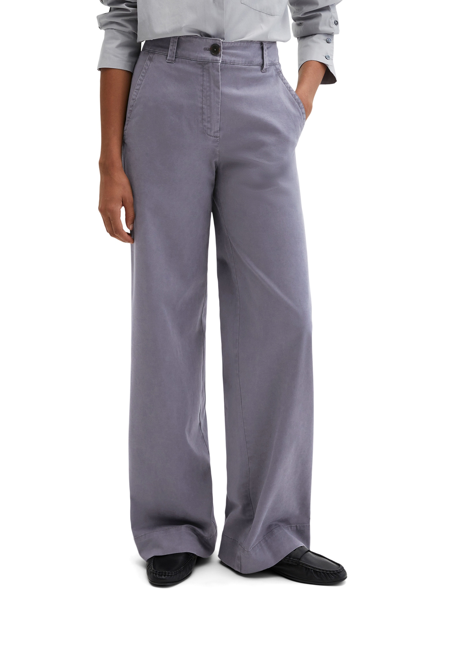 Chinohose MARC O'POLO "aus Brushed Cotton Twill", Damen, Gr. 44, Normalgrößen, blau graphite, Twill, Obermaterial: 56% Baumwolle, 41% Lyocell, 3% Elasthan, unifarben, normal normal, Hosen Chinohose